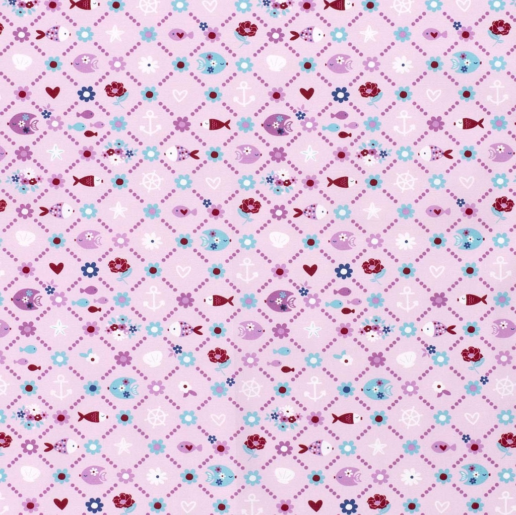 [515531-012] Baumwolle Popelin Anker Fische Blumen (012 Rosa)