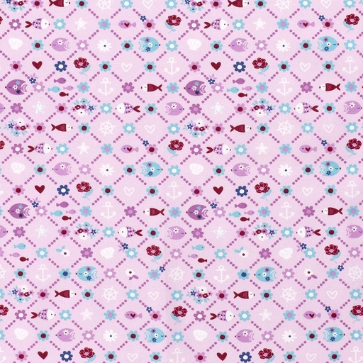 [515531-012] Baumwolle Popelin Anker Fische Blumen (012 Rosa)